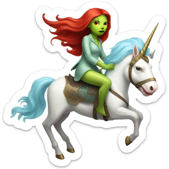 [politically incorrect
	{ woman: alien, color: light green, hair:red, eyes:cat} ]
	on a 
	[{ unicorn: white, legged:four, mane: light blue }] sticker