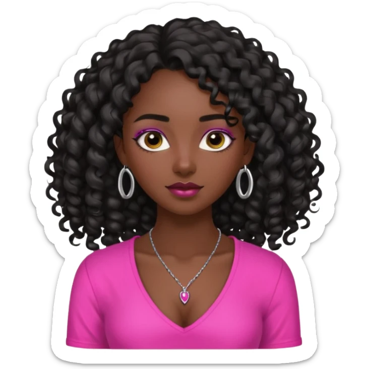 Dark skin girl with long black curly hair with 4 edges 2 on each side wearing a hot pink v-cut neckline shirt with a simple silver necklace sticker