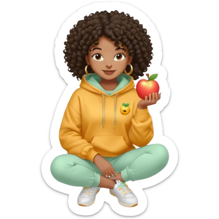 Black girl, clean girl aesthetic, 4C curly hair in a puff, pastel hoodie, white sneakers, minimal jewelry, soft smile, cozy vibe, bright colors, Apple-style emoji fazendo skincare  sticker