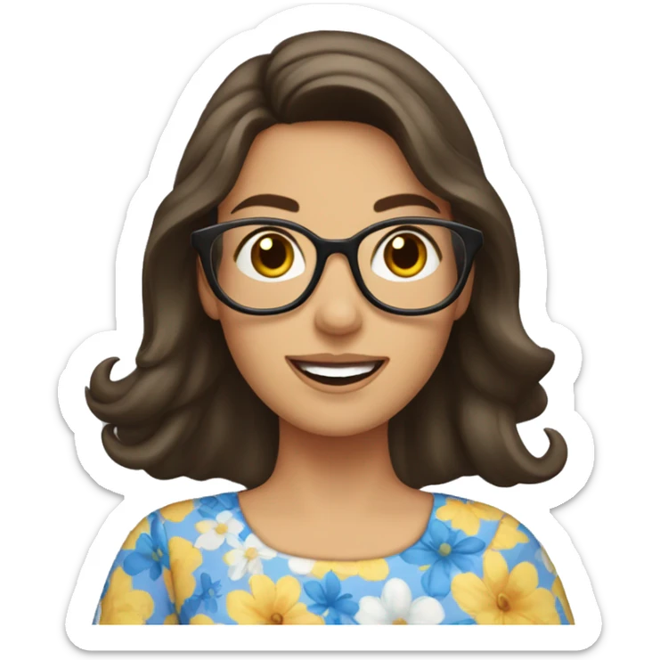 brunette lady in flowery dress wearing glasses and waving  sticker