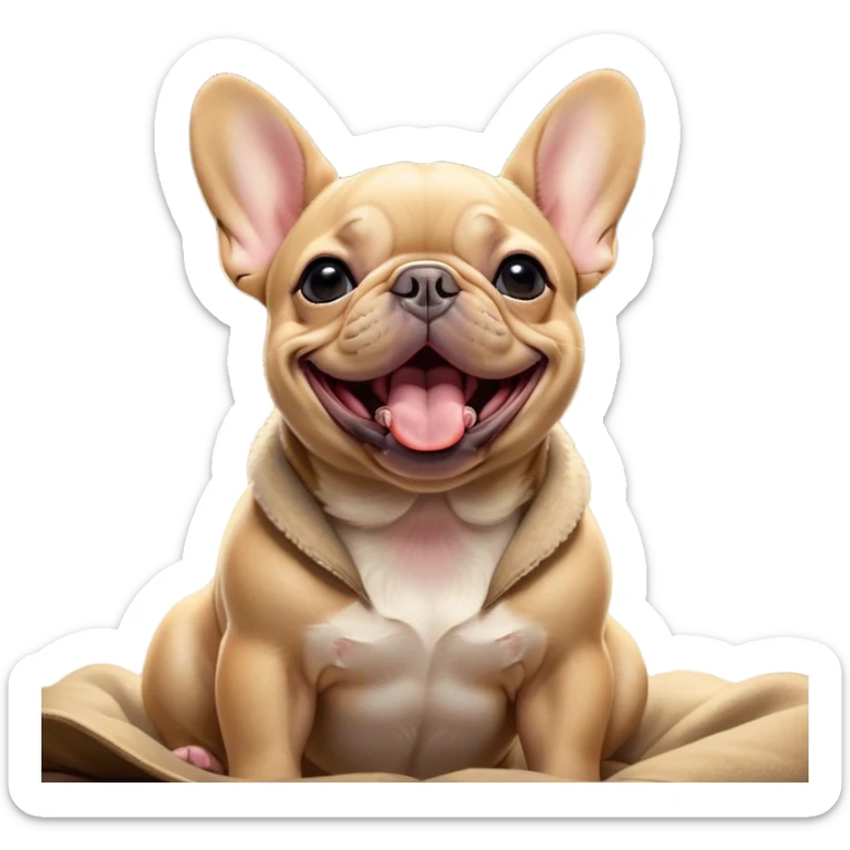 Cinematic Cute Yawning Fawn French Bulldog Portrait Emoji, Head tilted slightly with a dramatic, wide-open yawn, showcasing a sleek fawn coat with a refined texture, floppy ears slightly drooping, round dark eyes barely open in drowsy contentment, Simplified yet irresistibly adorable features, highly detailed, glowing with a soft, cozy glow, high shine, relaxed yet expressive, stylized with a touch of whimsy, bright and endearing, soft glowing outline, capturing the essence of a sleepy yet affectionate companion, so drowsy it feels like it could stretch out of the screen and curl up for a nap! sticker