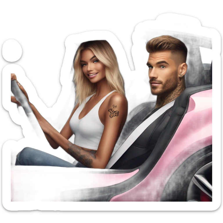 Photo of Victoria secret model driving in a sports car with a tattooed male model  sticker