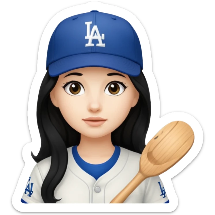 Can you make an emoji of a girl with fair skin with black long hair wearing an LA dodger hat sticker