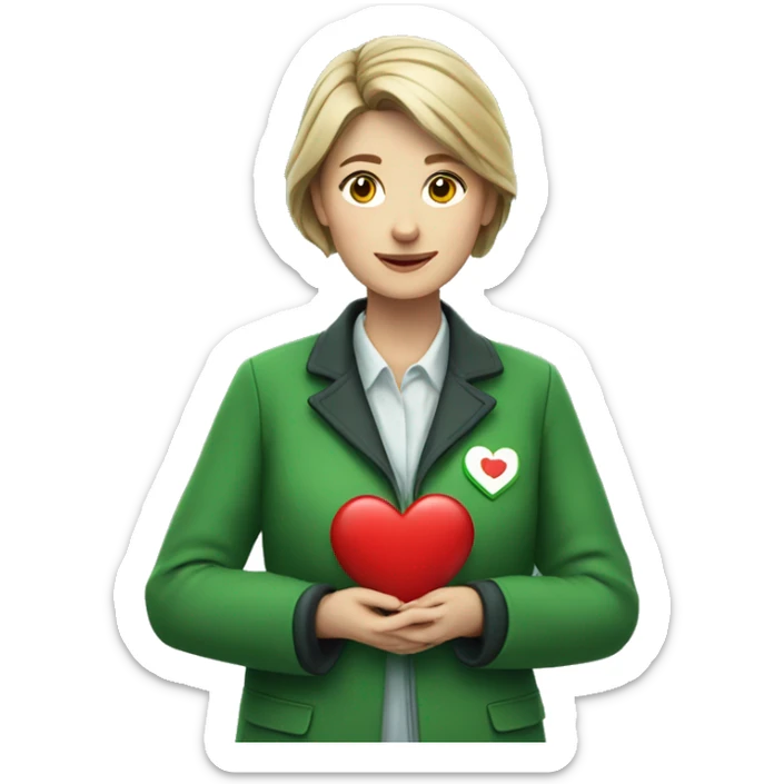 A European female teacher in a green jacket holds a heart in her hands sticker