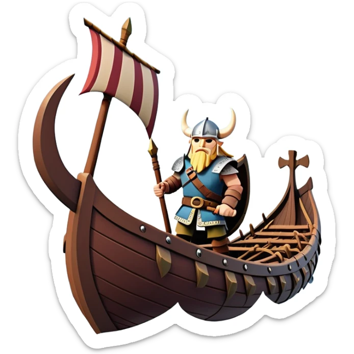 clash-of-clans-aesthetic_-cinematic-viking-longboat, rendered in a flat, bold vector style with minimal shading, featuring a striking dragon-headed prow slicing through waters. shields on the side and vikings rowing The longboat’s, the boat has carved motifs evoke a sense of epic adventure and Nordic might, with billowing sails catching a dramatic, stormy sky backdrop. sticker