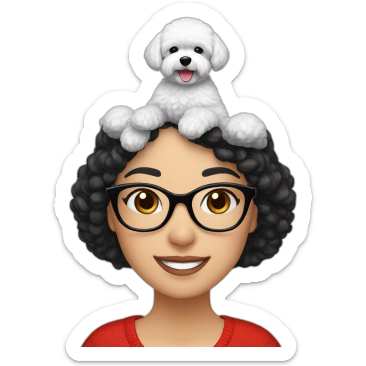 woman-black hair-christmas hat-with glasses-with bichon dog-white-smile sticker