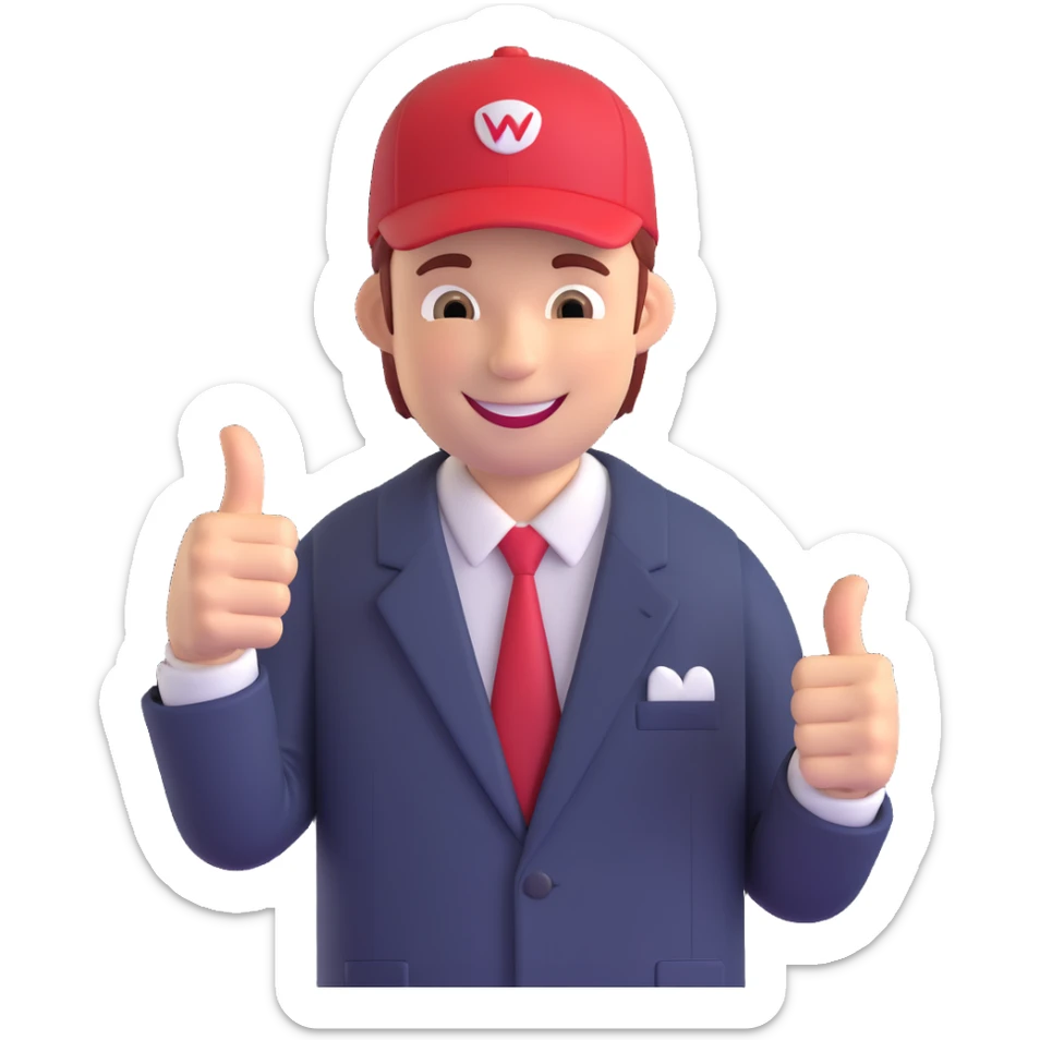 Edit the image of a smiling man in a pinstripe suit and red cap giving a thumbs up, keeping the 60% realistic emoji style as in the reference photo, but make the background transparent. sticker