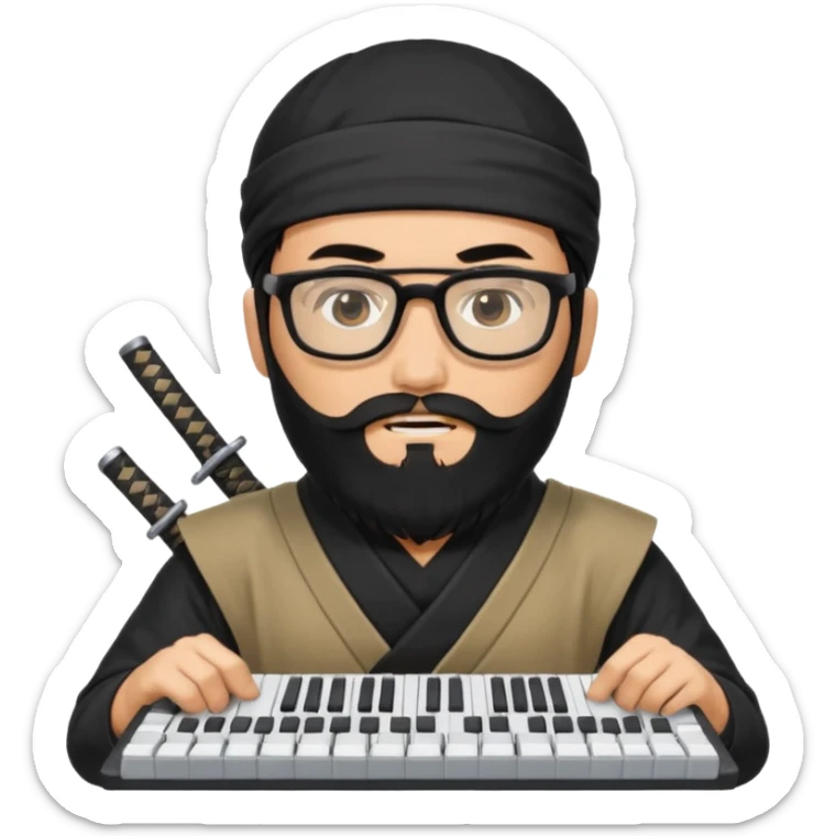 Man with black hair and beard wearing glasses in a ninja costume. Keep the top left version, make the beard longer and replace the sword with a keyboard  sticker