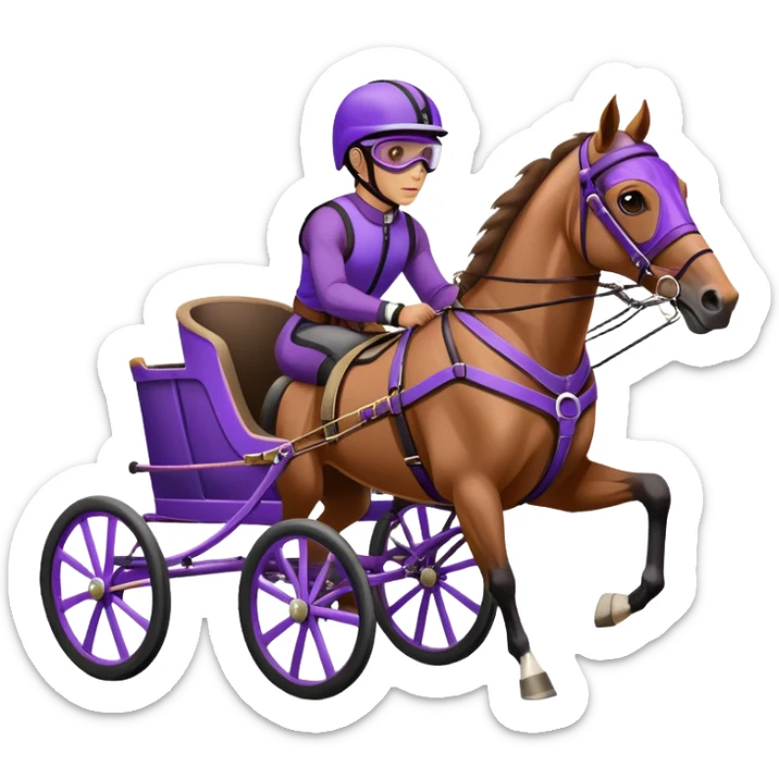 A brown harness racing horse. The sulky, a lightweight two-wheeled cart, is painted in black and attached to the horse’s harness. A driver, dressed in purple, is seated in the sulky, wearing a purple helmet with goggles. sticker