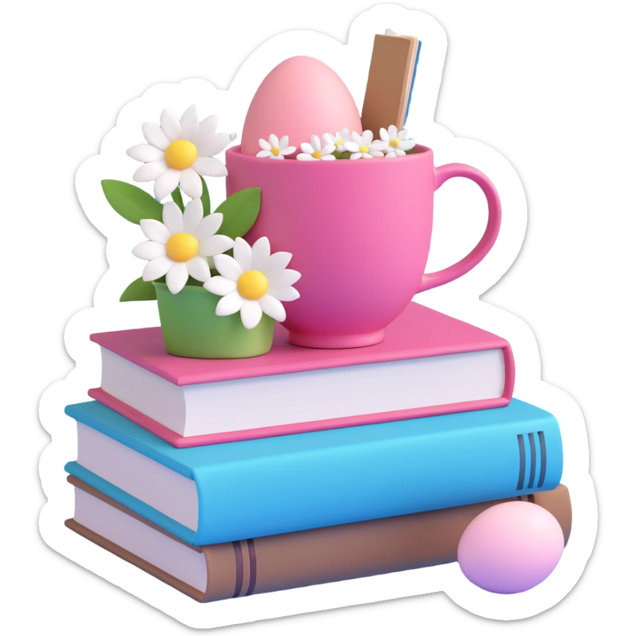 pink cup with white flowers on it, placed on top of two books. The top book is light brown with a ribbon bookmark, and the bottom book is light blue with a pink and white egg on the cover sticker