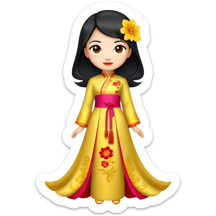 Cinematic Realistic Ao Dai Pop Culture Emoji, featuring an elegant portrayal of the traditional Vietnamese dress rendered with graceful textures and vibrant, cultural lighting. sticker