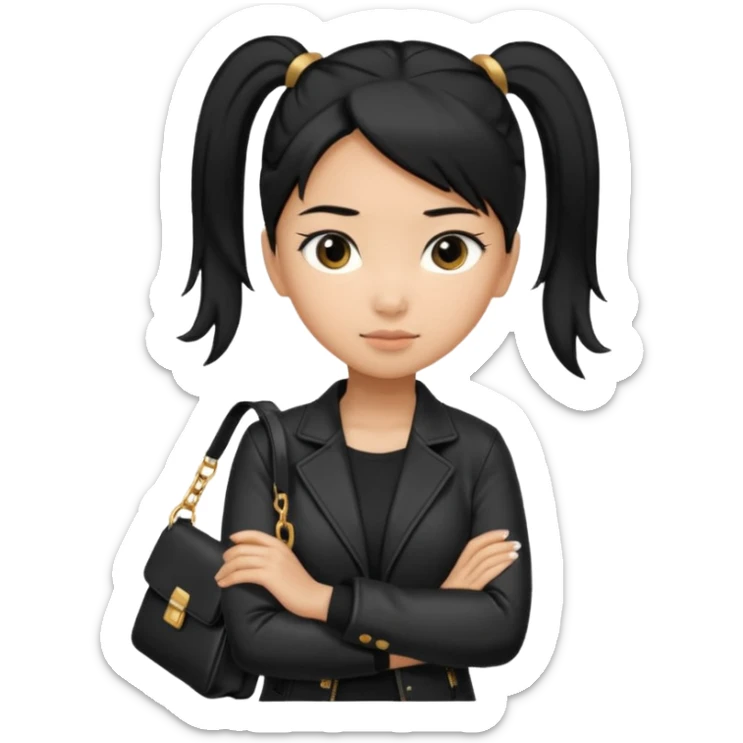 A girl with a pony tail black hair and Asian tan skin, Asian eyes, with a black jacket and a black purse with arms crossed  sticker
