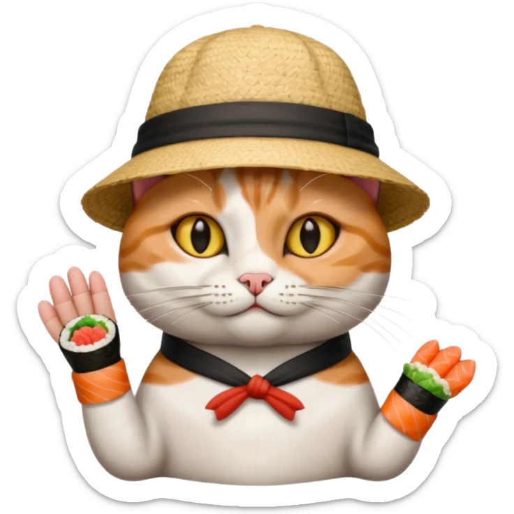 cat with its fingers crossed wearing a hat made out of sushi sticker
