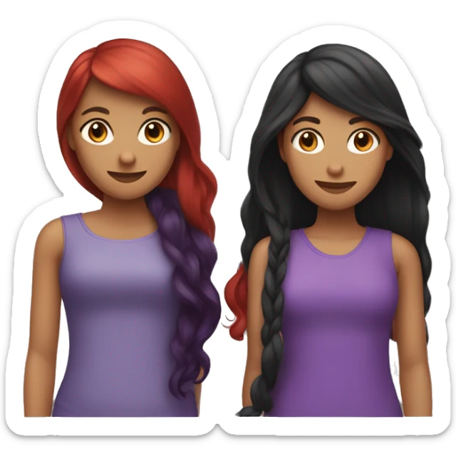 “Create an emoji with three girl friends: one with short purple-red hair, another with long black hair, and the third with long red hair.” sticker