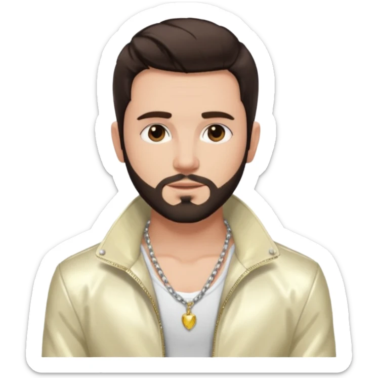 Frankie Zulferino, Pop Singer (b.1990) with dark brown hair and short beard, ivory metallic jacket, shirtless with necklace sticker