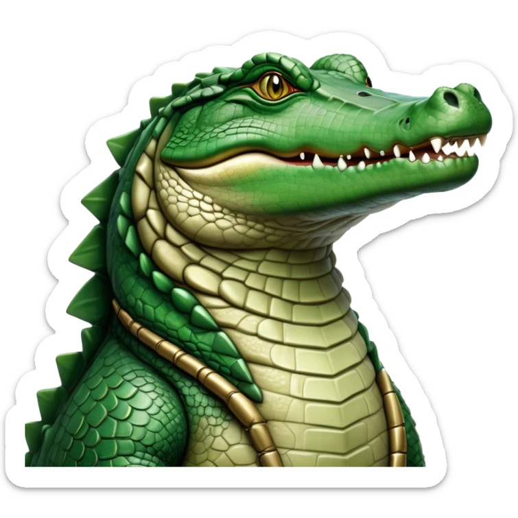 Cinematic Noble Crocodile Portrait Emoji, Poised and regal, with a powerful, elongated build and a rugged, scaly emerald-green hide, piercing cold eyes, Simplified yet sharp and sophisticated features, highly detailed, glowing with a soft, dignified glow, high shine, intelligent and formidable, stylized with an air of ancient might, focused and attentive, soft glowing outline, capturing the essence of a watchful and commanding reptile, so majestic it feels as though it could silently slide out of the screen with effortless authority! sticker
