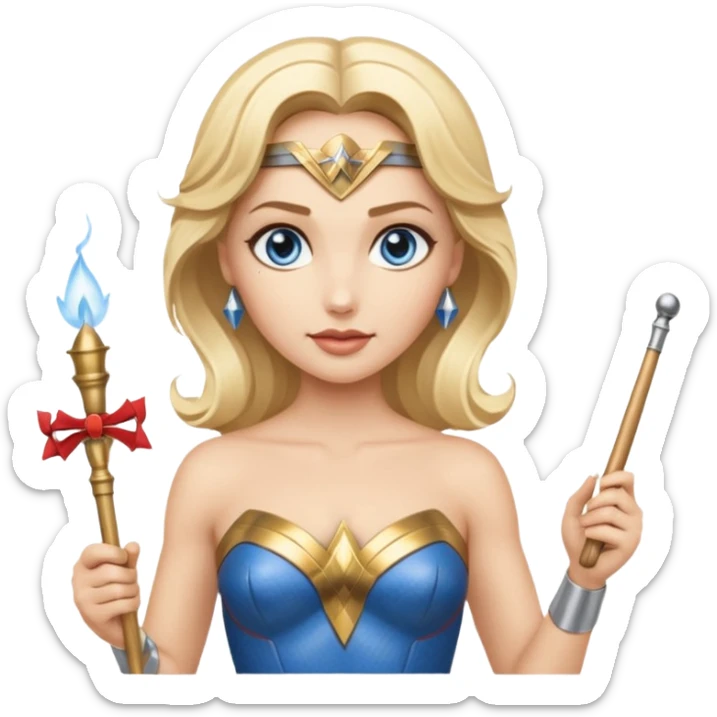 Blonde blue eyed Wonder Woman holding white orchestra conductor’s baton and bell sticker