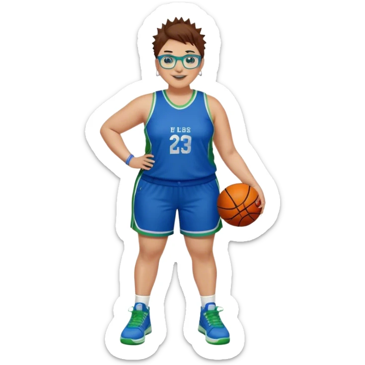 Full Body plus size white female basketball player with short medium brown hair with short spike hair wearing blue glasses 
With a small wide nose wearing blue green uniform  green sneakers smiling wearing silver hoop earrings sticker