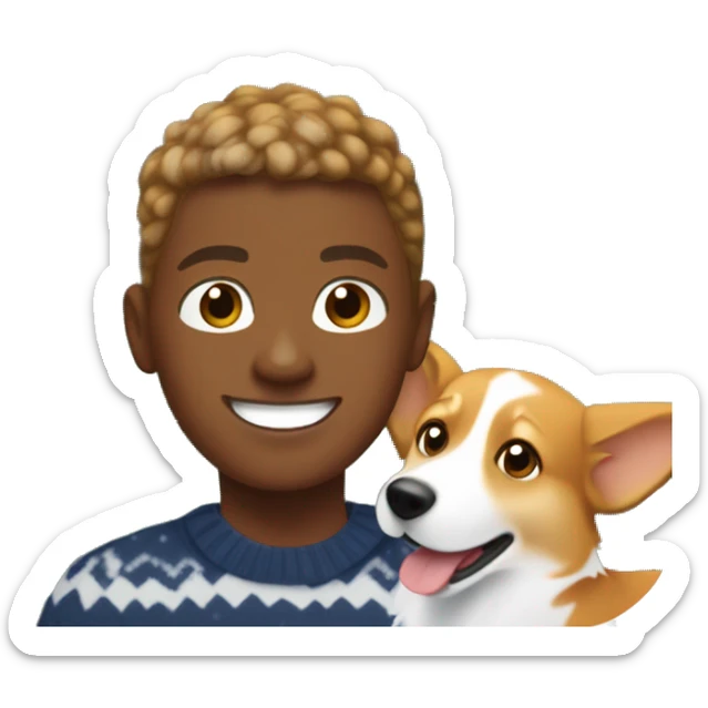 Ginger-blonde haired African American Boy teen playing with corgi in front of Christmas tree sticker
