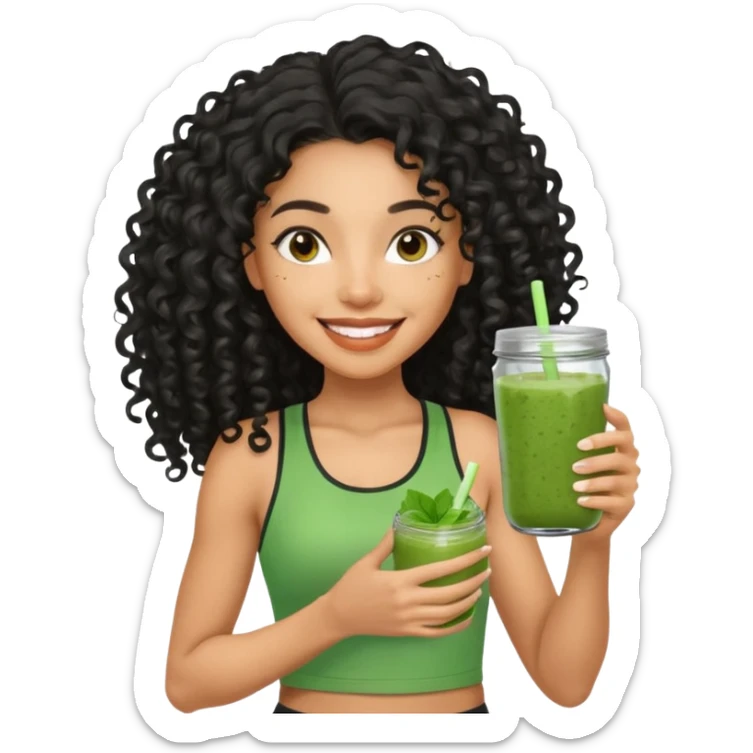 Mixed-race athletic woman with caramel skin, long black curly hair, holding a glass jar of green smoothie,  sticker
