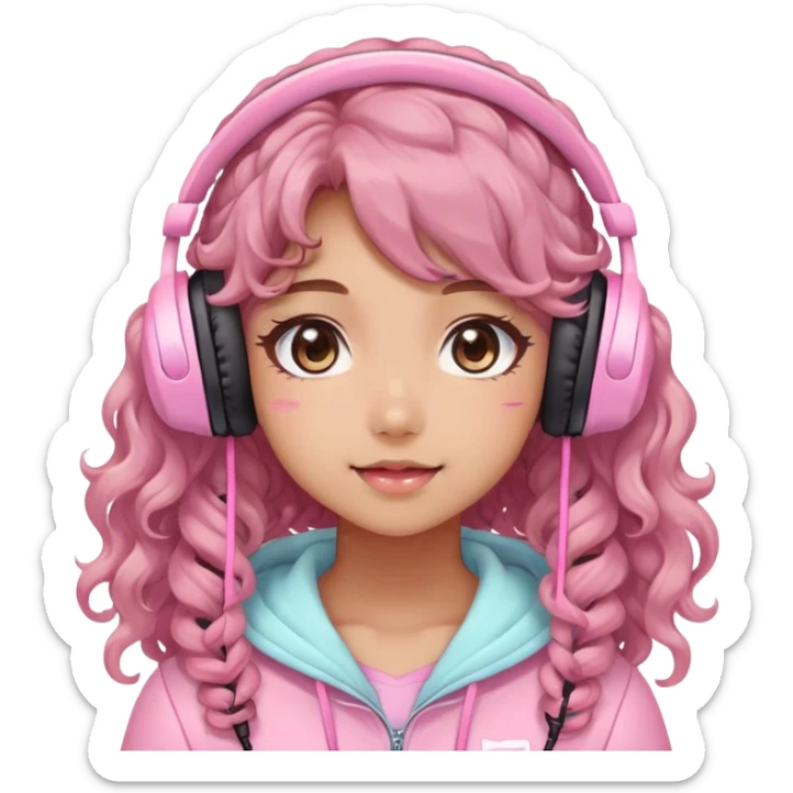 TAN SKIN GAMER GIRL WITH LONG BROWN CURLY HAIR gamingheadset pink kawaii gamer shiny blushing cute kawaii pastel anime trending style pink gaming headset gamergirl pastelcore sticker