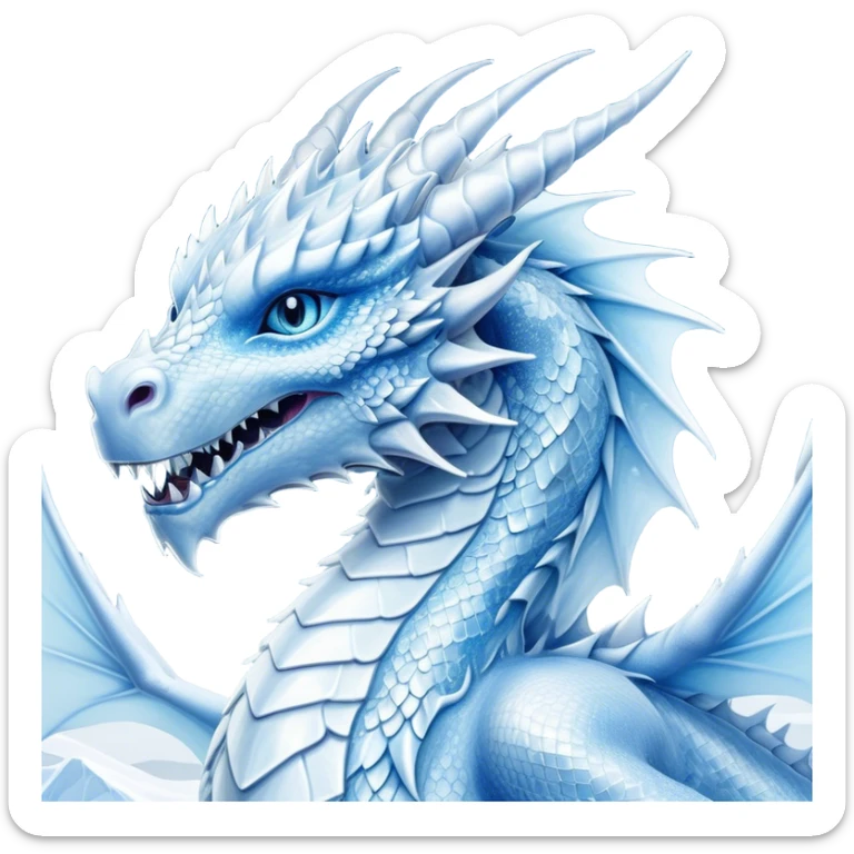 Cinematic Noble Beautiful Ice Dragon Portrait Emoji, Poised and majestic, with an ethereal, crystalline body adorned in intricately detailed scales of frosty blues and silvery whites reminiscent of glacial ice and delicate snowflakes, and piercing, cool eyes reflecting winter’s clarity; rendered with lifelike texture and subtle natural highlights, high shine, elegant and formidable, styled with an aura of chilling mythic beauty, focused and serene, soft glowing outline, capturing the essence of a legendary ice sovereign ready to glide gracefully out of the screen with timeless frosty allure! sticker