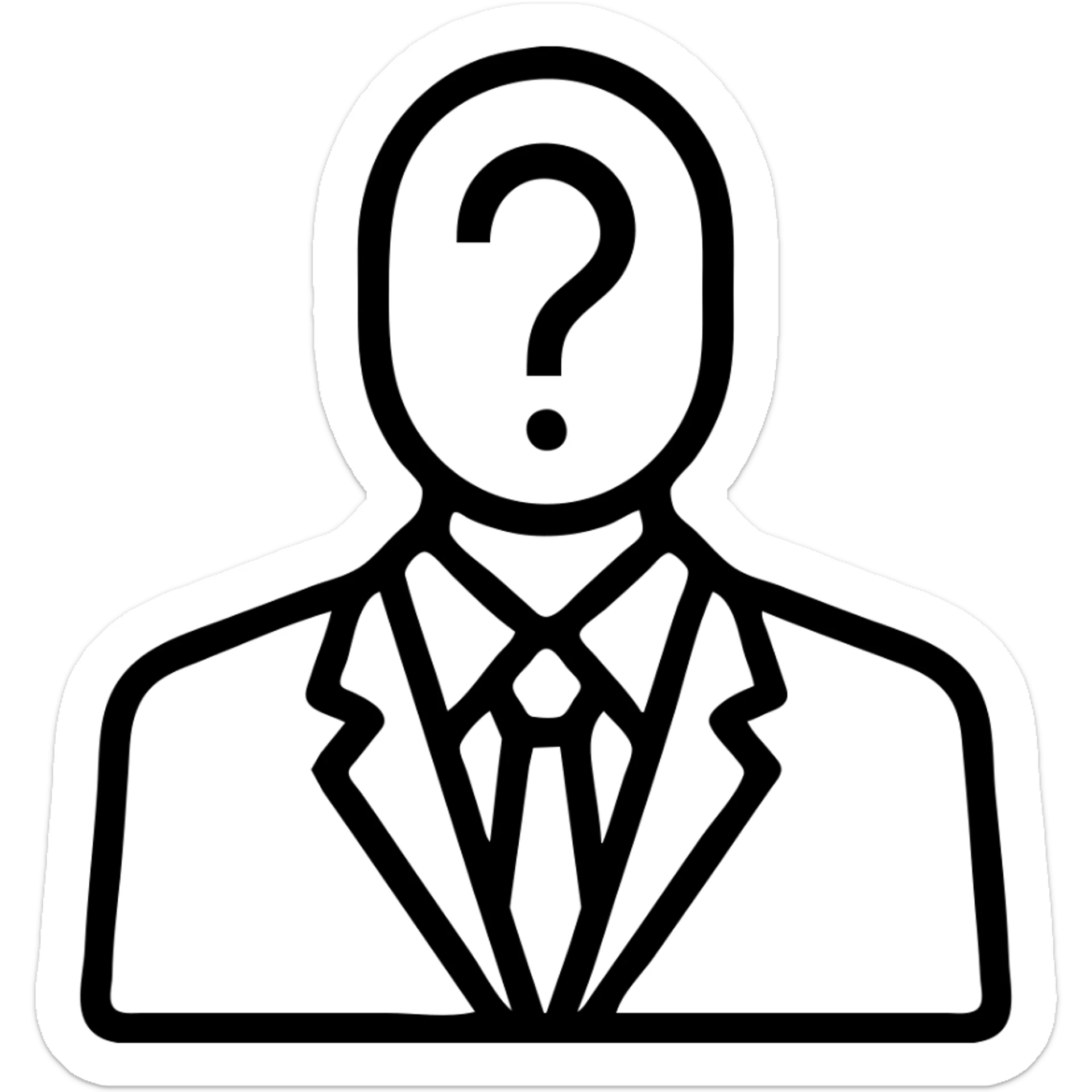 modern icon of a black and white suited man, instead of a face there is a question mark, no background sticker