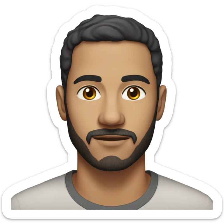 A head and shoulders shot of a 32 year old north african man, with short black hair, with short beard facial hair,   with brown eyes wearing a t-shirt. sticker