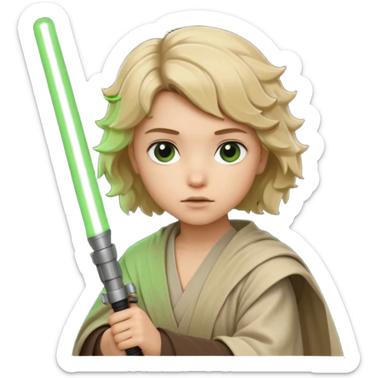 Young jedi with sandy blonde wavy short hair holding a green lightsaber sticker