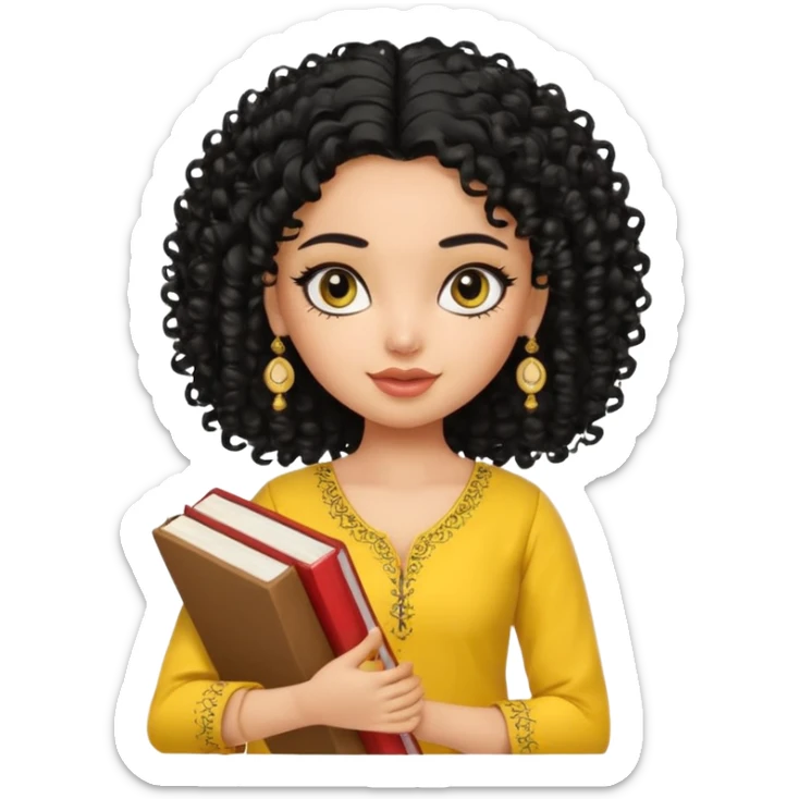 a pretty bratz girl with curly black hair wearing a yellow kurti, eyeliner, jhumkas, carrying books sticker