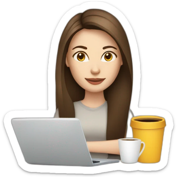 woman with long straight brown hair and pale skin laptop and coffee mug sticker