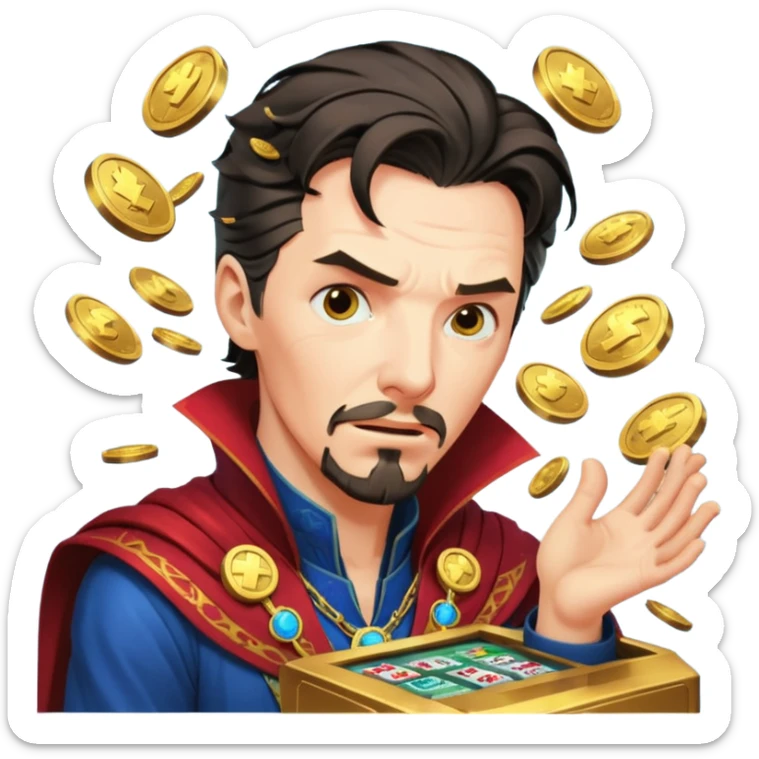 disheveled Doctor Strange losing money at a slot machine, panicked face, coins flying sticker