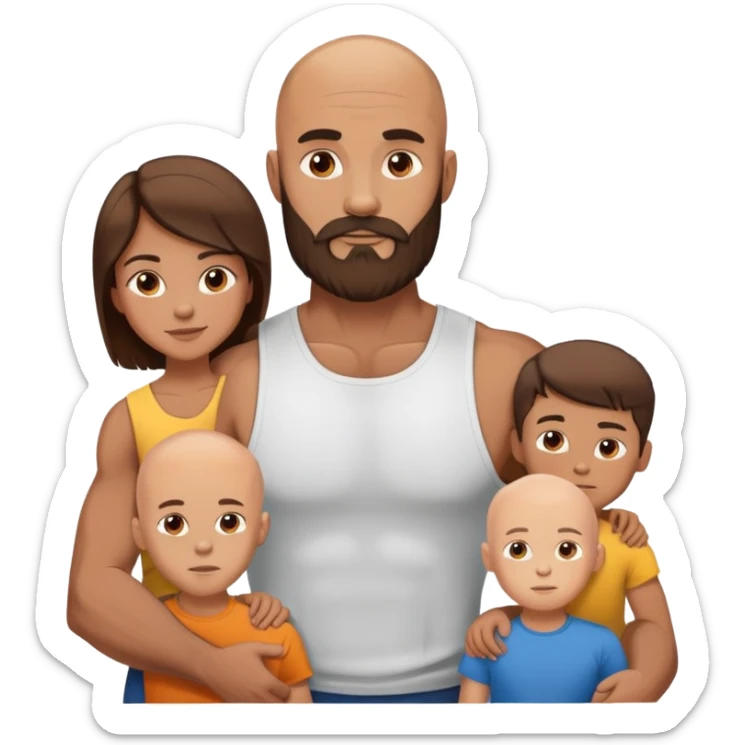 Muscular Bald beard man with his fit wife long brown hair and 3 boys sticker