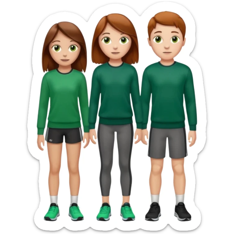 full-length couple, girl with long brown hair and hazel eyes in green sweater, boy with auburn hair in sportswear sticker
