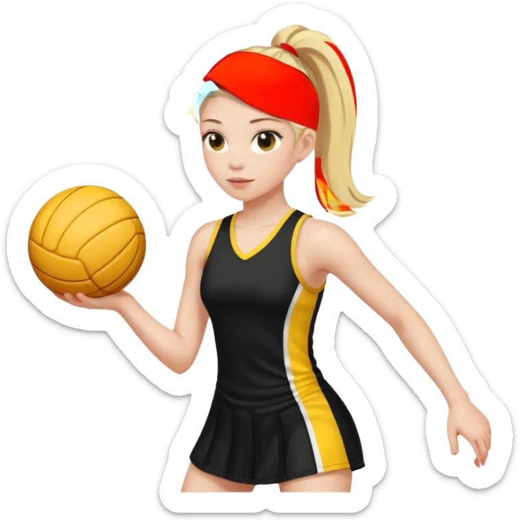 Blonde haired girl with a high pony tail with 2 plates in black dress with yellow stripe playing netball sticker