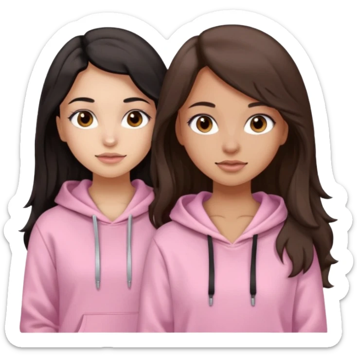 A pretty girl with light skin and long straight black brown hair, wearing a very light pink basic hoodie with brown eyes and makeup and a round face with another girl with tan skin and very wavy brown hair sticker