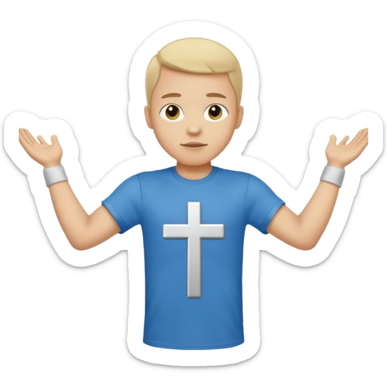 A person with the arms opened and extended forming a cross with their arms and body with t-shirt sticker
