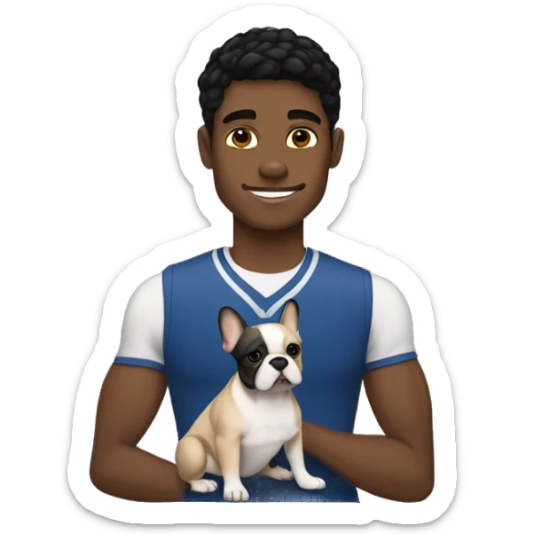 athletic light skin male with short black hair holding a brindle colored french bulldog sticker