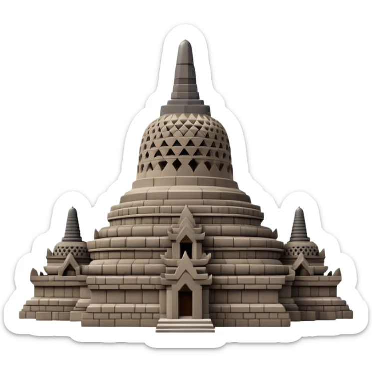 Cinematic Realistic Borobudur Landmark Emoji, showcasing the majestic ancient Buddhist temple rendered with intricate textures and serene, historic lighting. sticker