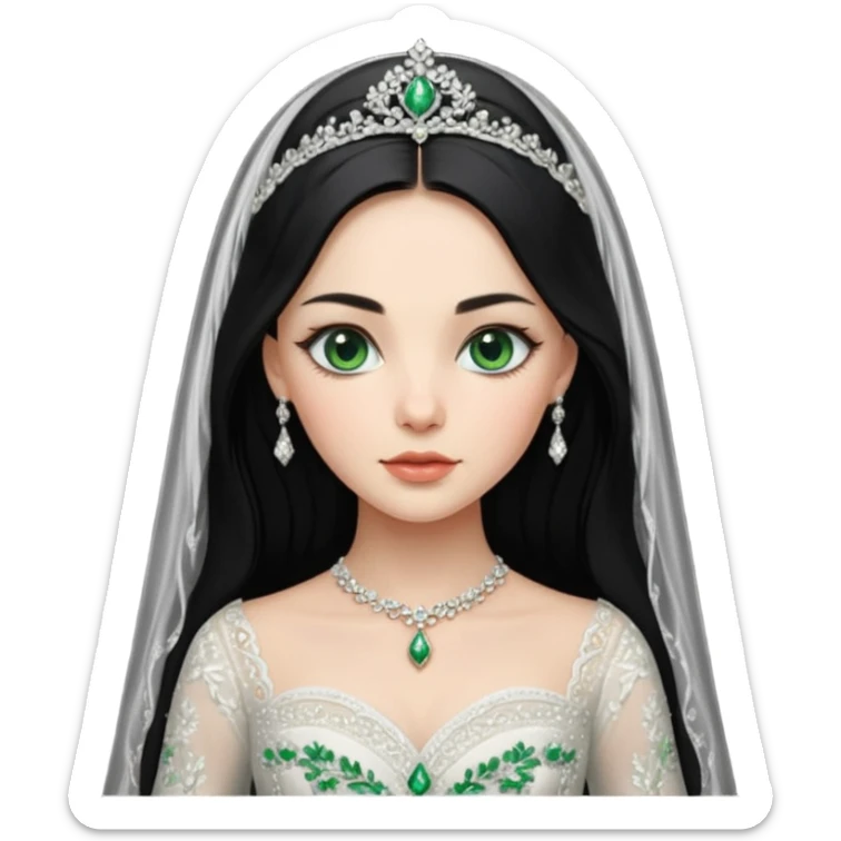 Hyper Realistic ornate ballgown long sleeve Wedding dress with diamanté on Russian bride with green eyes and long black hair with veil hyper realistic  sticker