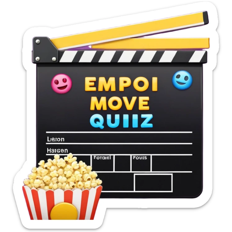 A colorful title slide for "The Emoji Movie Quiz" slideshow game with movie clapperboard, popcorn, and quiz elements arranged in presentation format sticker