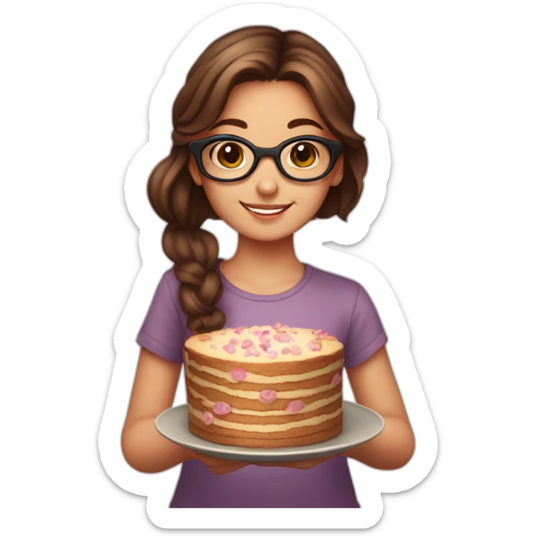 Young girl with brown hair and tortoiseshell glasses holding a plate with cakes sticker