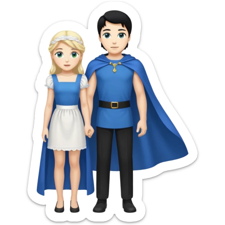 Prince with crown, blue cape and trousers, body and legs, black hair, blue eyes and maid, blonde hair, green eyes, sexy white short sleveless dress,  sticker