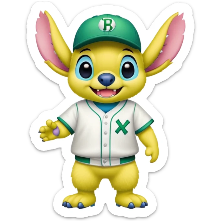 Mascotte in een baseball tenue in geel en groene kleuren met de vormen van stitch  sticker