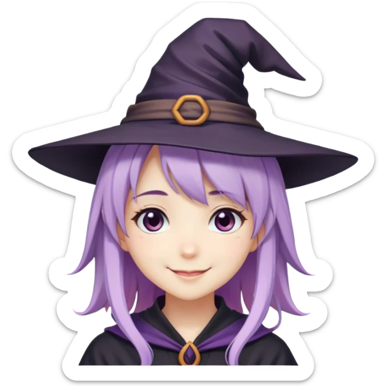 cute anime girl with lilac hair wearing a witch hat smiling sticker