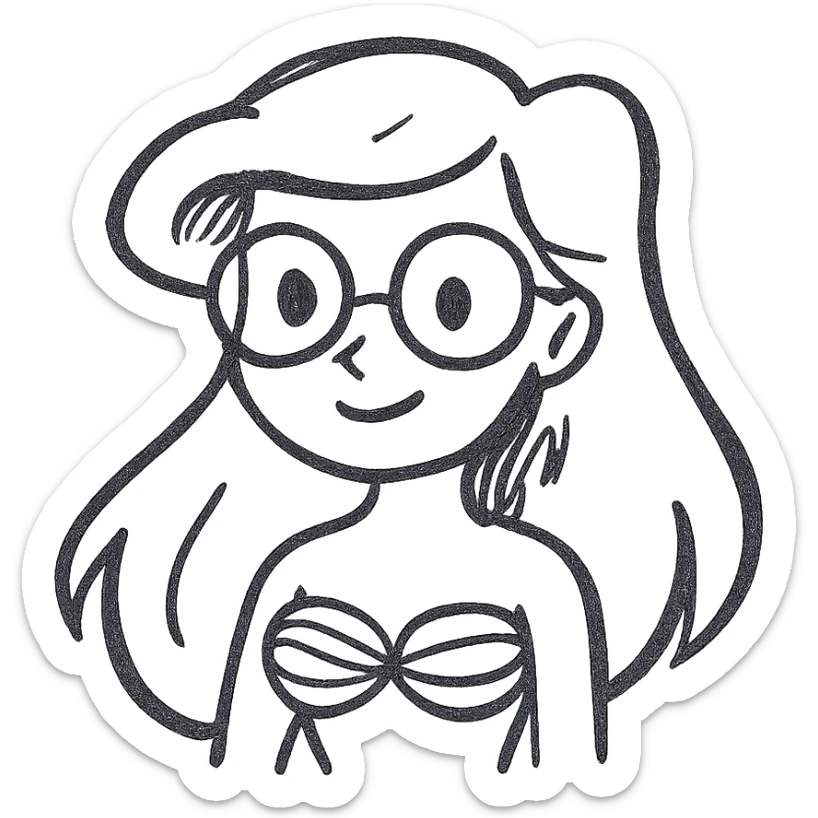 Upper body of Ariel, the Little Mermaid, with black hair and thin round Miu Miu glasses sticker