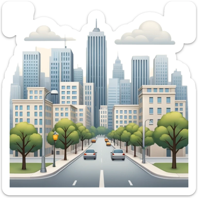 A typical city with mid-sized buildings, roads, streetlights, and a few trees — not a skyline of skyscrapers, but a balanced, everyday urban scene sticker