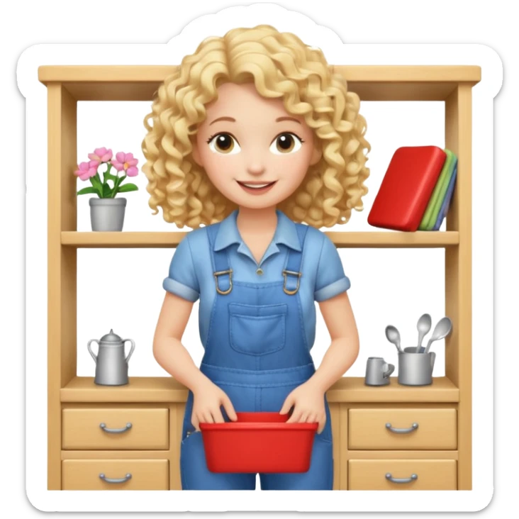 blonde curly woman arranging furniture in doll house with overalls sticker