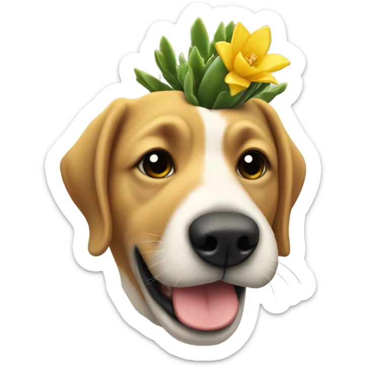 A dog with a yellow small cactus in its mouth and there aren’t prickles but there is a vein in it sticker