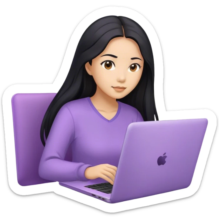 Long hair asian woman working on lavender laptop with brown eyes sticker